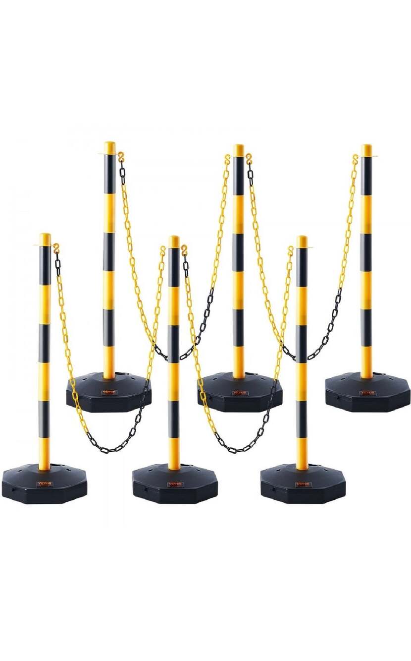 VEVOR 6-Pack Traffic Delineator Posts Fillable Base 8 ft Chain Yellow Black